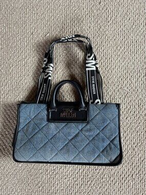 Steve Madden BCASIDY Satchel Tote-Washed Denim Blue | Quilted Denim + Logo Strap